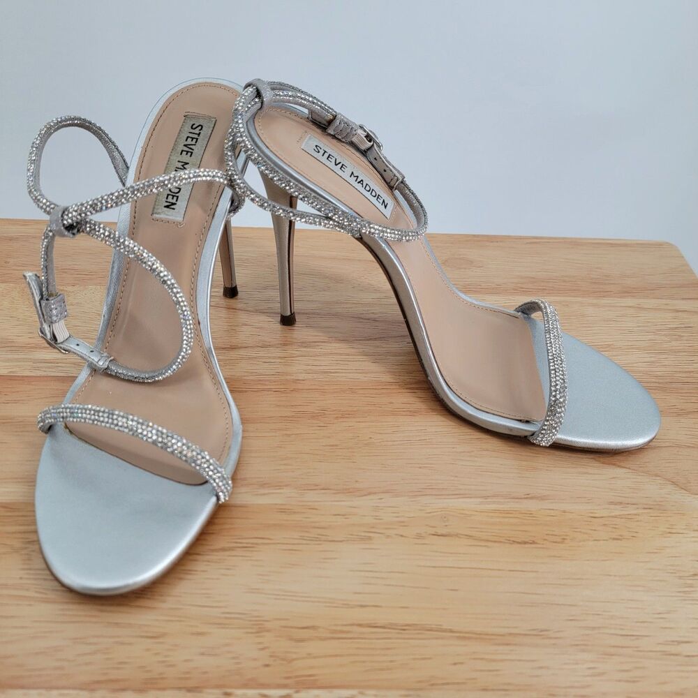 Steve Madden Breslin Womens 9M Silver Rhinestone Ankle Strap Blingy Stilleto's